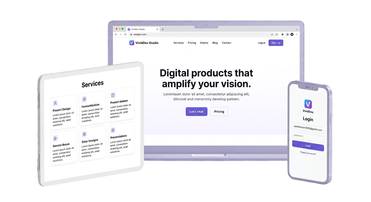 VividDev responsive digital product mockups across desktop, tablet, and mobile displays